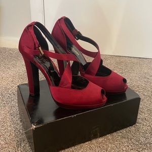 Colin Stuart Cross Strap Peep Toe Platform Satin Heels